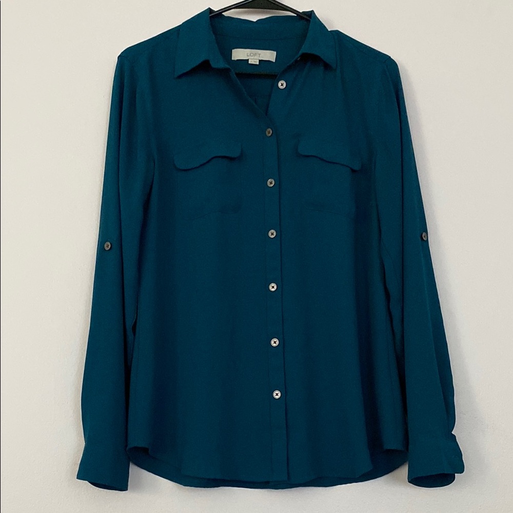 LOFT Green and Blue Relaxed Button Down Blouse